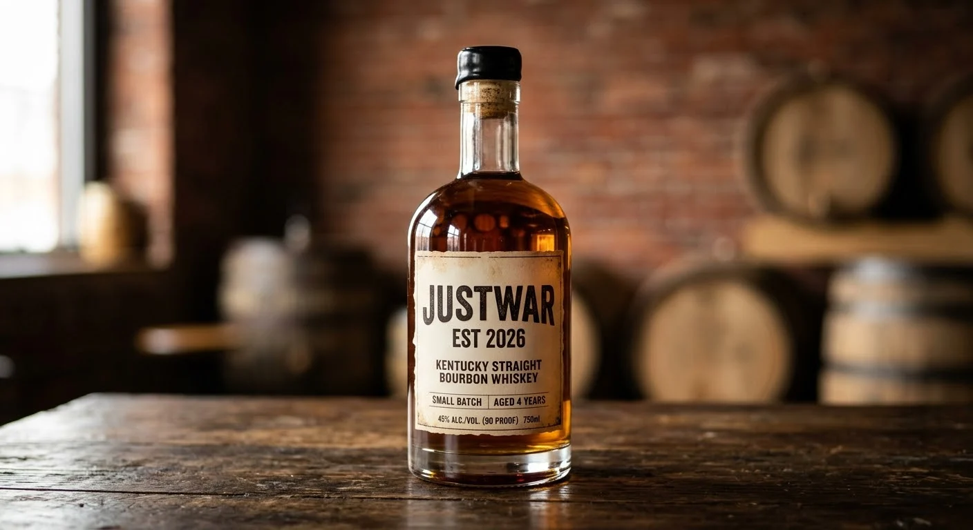 A bottle of Kentucky straight bourbon whiskey displayed in a barrel-room setting.