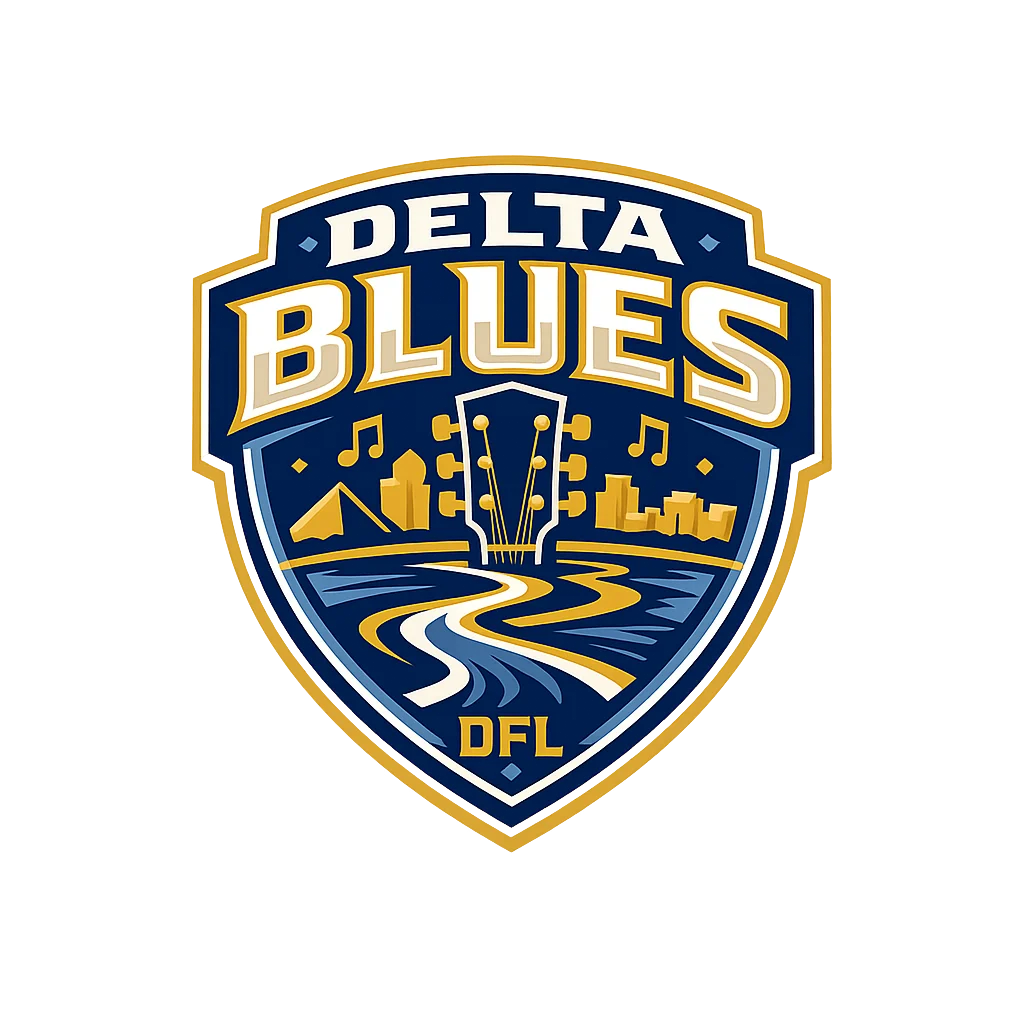 The newly unveiled Delta Blues crest features navy and gold, a guitar headstock, musical notes, a skyline and a winding river.