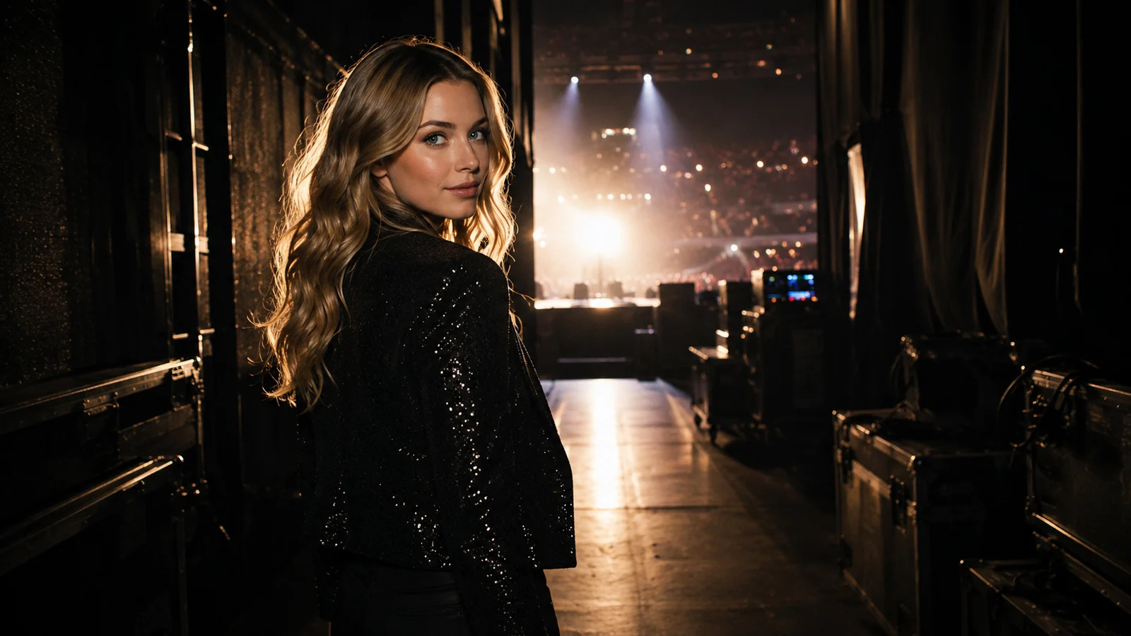 Celeste Hart stands backstage beside a lit concert stage as she announces three new singles.