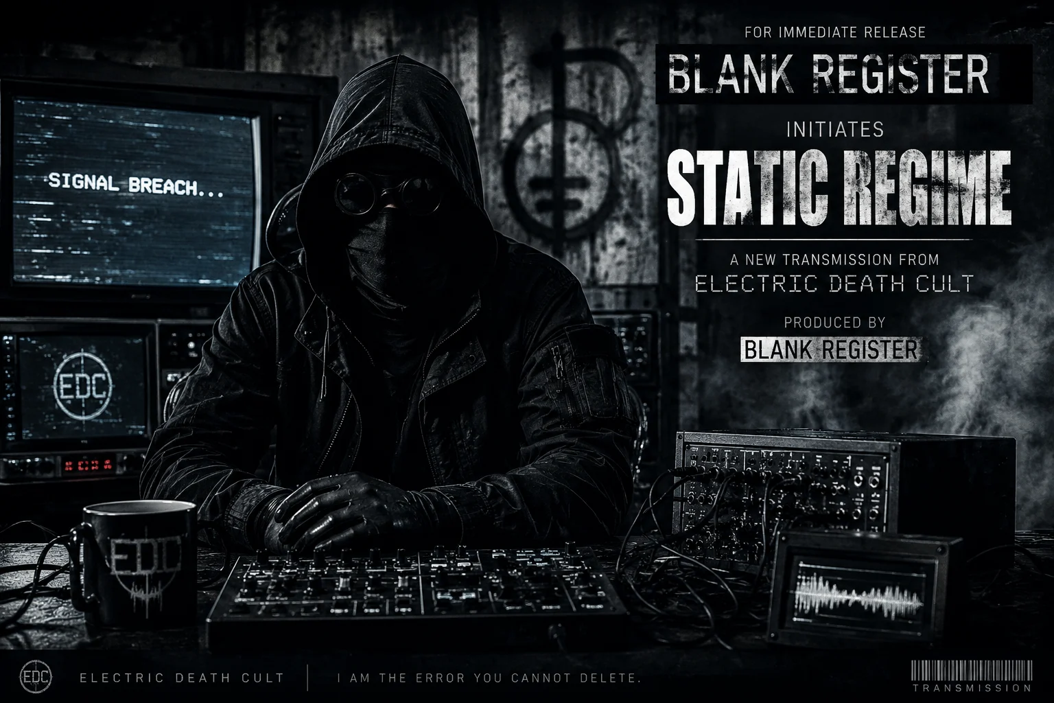 Promotional artwork for Blank Register’s “Static Regime,” showing a hooded electronic-music producer at a bank of audio equipment.