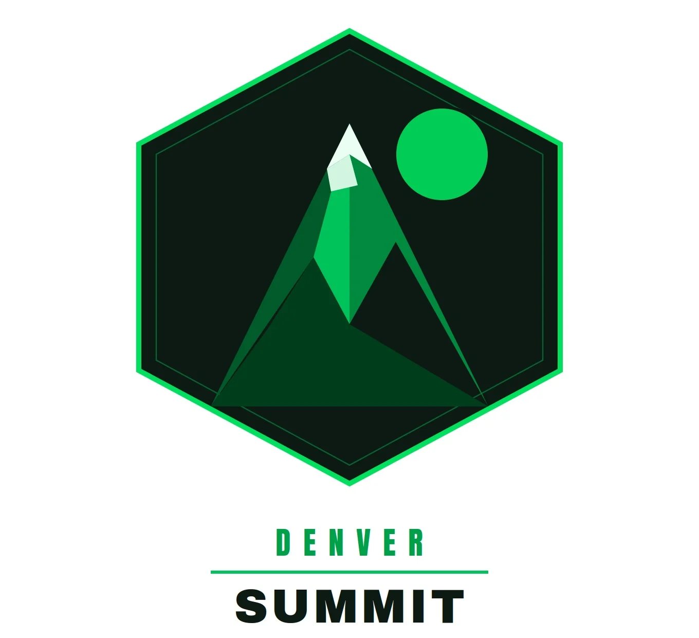 Denver Summit’s official crest features a faceted mountain peak and rising sun in deep green with neon trim.