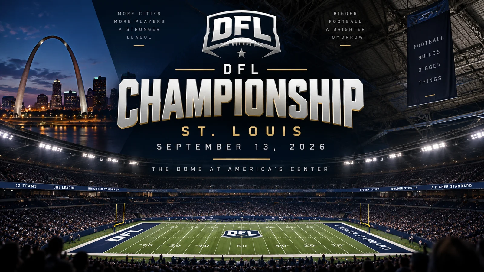 DFL promotional graphic announcing the Season 6 Championship in St. Louis on September 13, 2026, at The Dome at America’s Center.