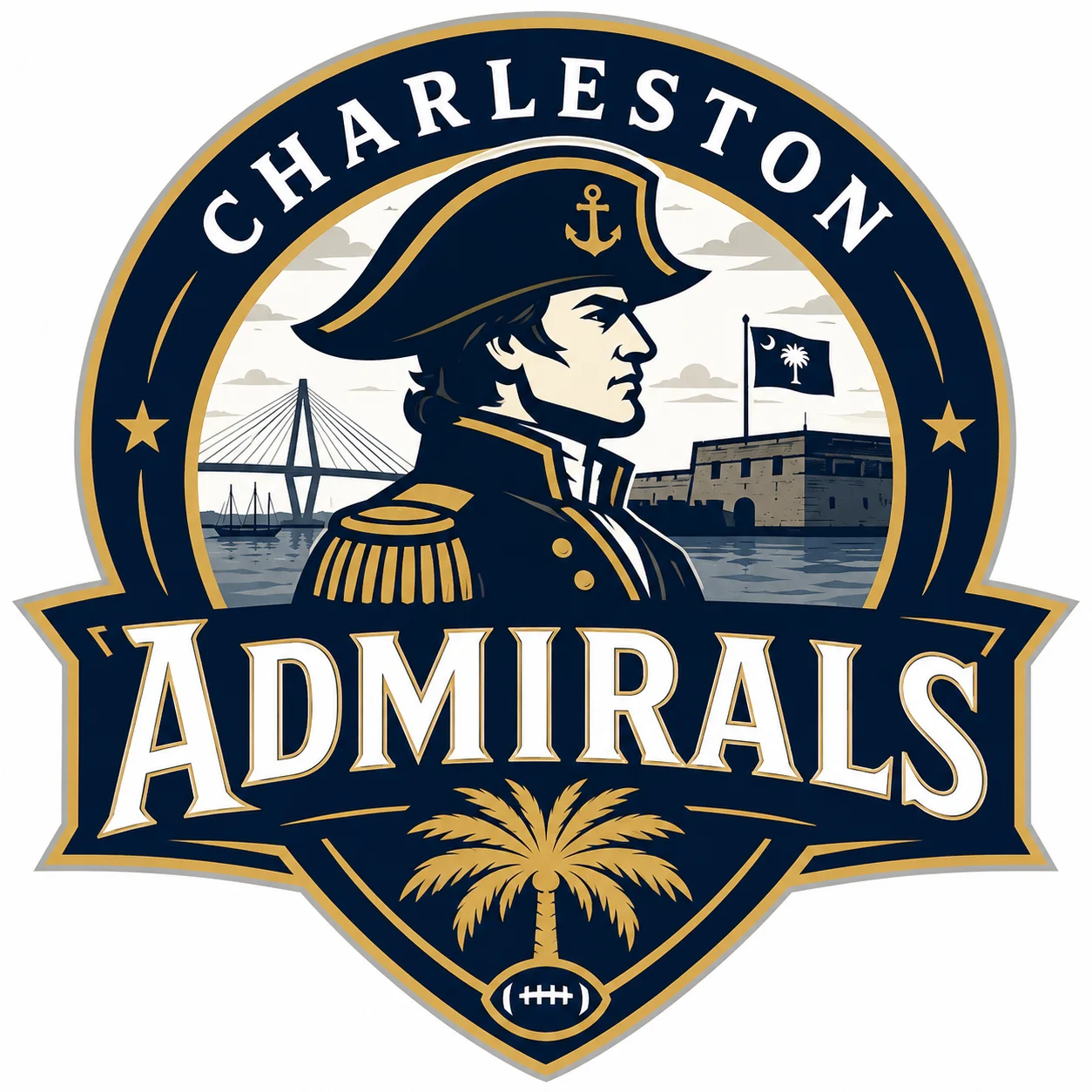 Charleston Admirals crest featuring a naval officer and Lowcountry landmarks.